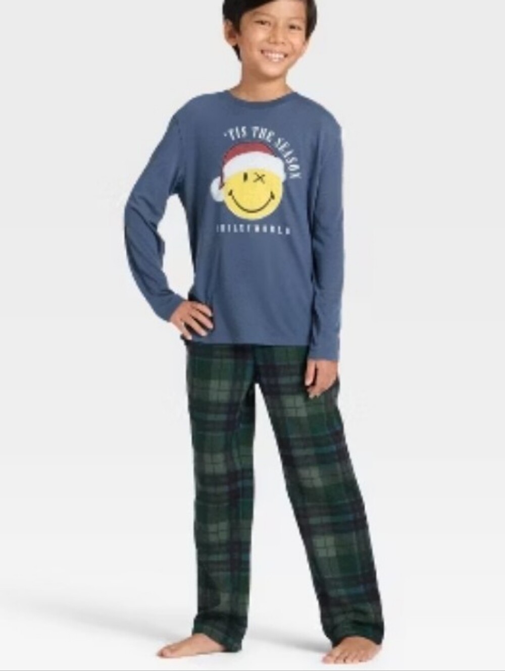 ❤️5/$25 New Big Boys Kids Blue Smiley Santa Long-Sleeve Pajama Set